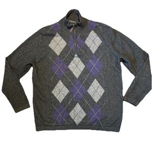 Harrison Davis 100% Cashmere Sweater Half Zip Mock Turtle Neck Argyle  Gray XL
